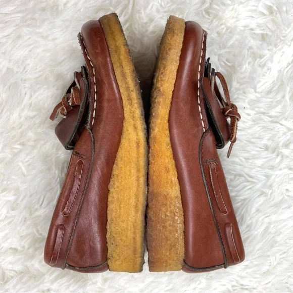VTG 1970’s Sears Roebuck Brown Leather Thick Gum Sole Loafers w Fringe and Bow - Picture 2 of 15
